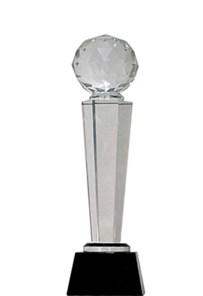 Elegant crystal trophy award showcasing a faceted glass trophy design.