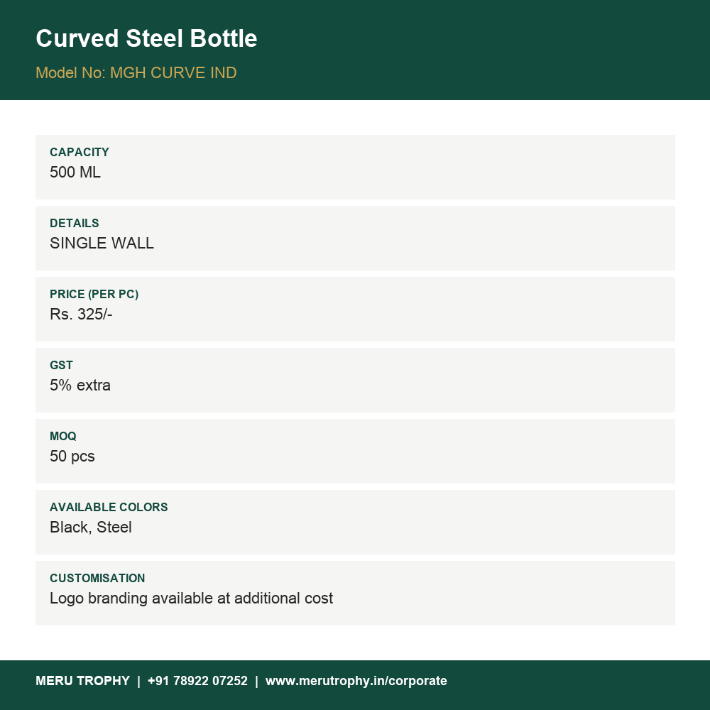 Curved Steel Bottle - product details card - Meru Trophy corporate gifting