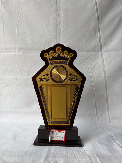 Elegant 83454 custom engraved trophy with gold plate and crown design on dark wood base for recognition trophies.