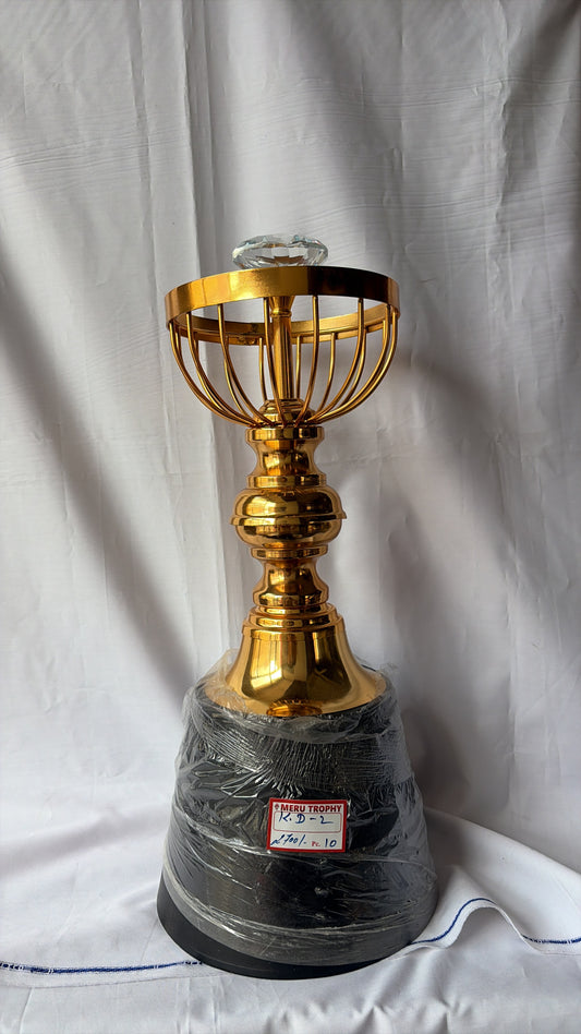 KD 2 gold metal trophy with crystal topper and wire cage design for custom engraved trophies from Meru Trophy shop