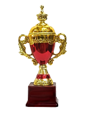 Decorative trophy with gold and red design on a white background