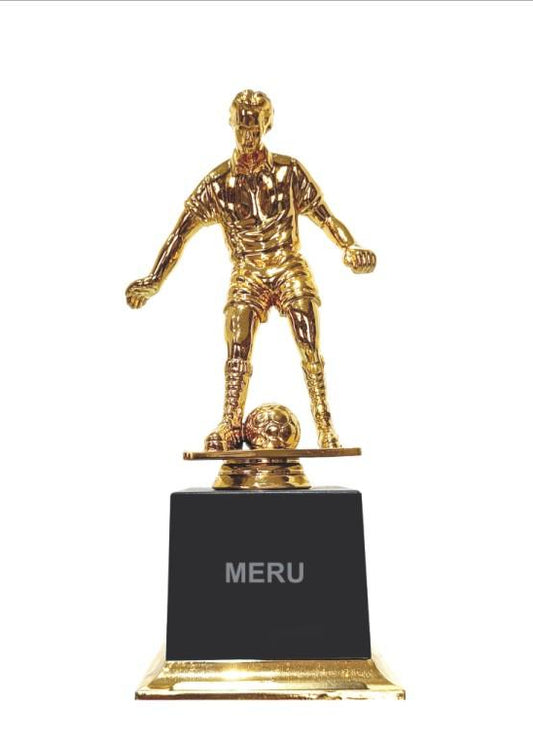 Gold football trophy; ideal for sports awards and recognition; showcasing a dynamic player design.
