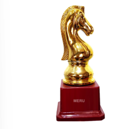 Gold chess knight award trophy on maroon base; a unique acrylic trophy design.