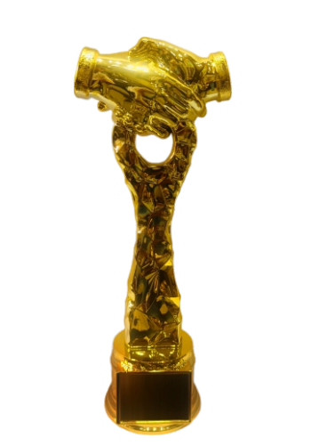 Gold handshake trophy symbolizing teamwork and recognition.