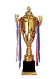 Gold metal cup trophy with ornate handles and vibrant ribbons.