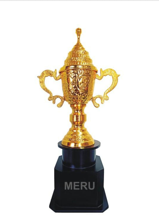 Gold metal trophy with ornate handles; ideal for sports awards and corporate recognition.