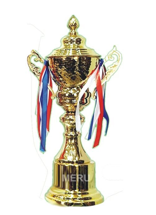 Gold metal award trophy with ribbons