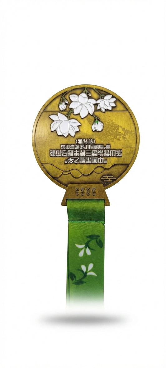 Custom Gold Award Medal with Floral Design and Green Ribbon - Engraved Medals & Custom Trophies - Meru Trophy