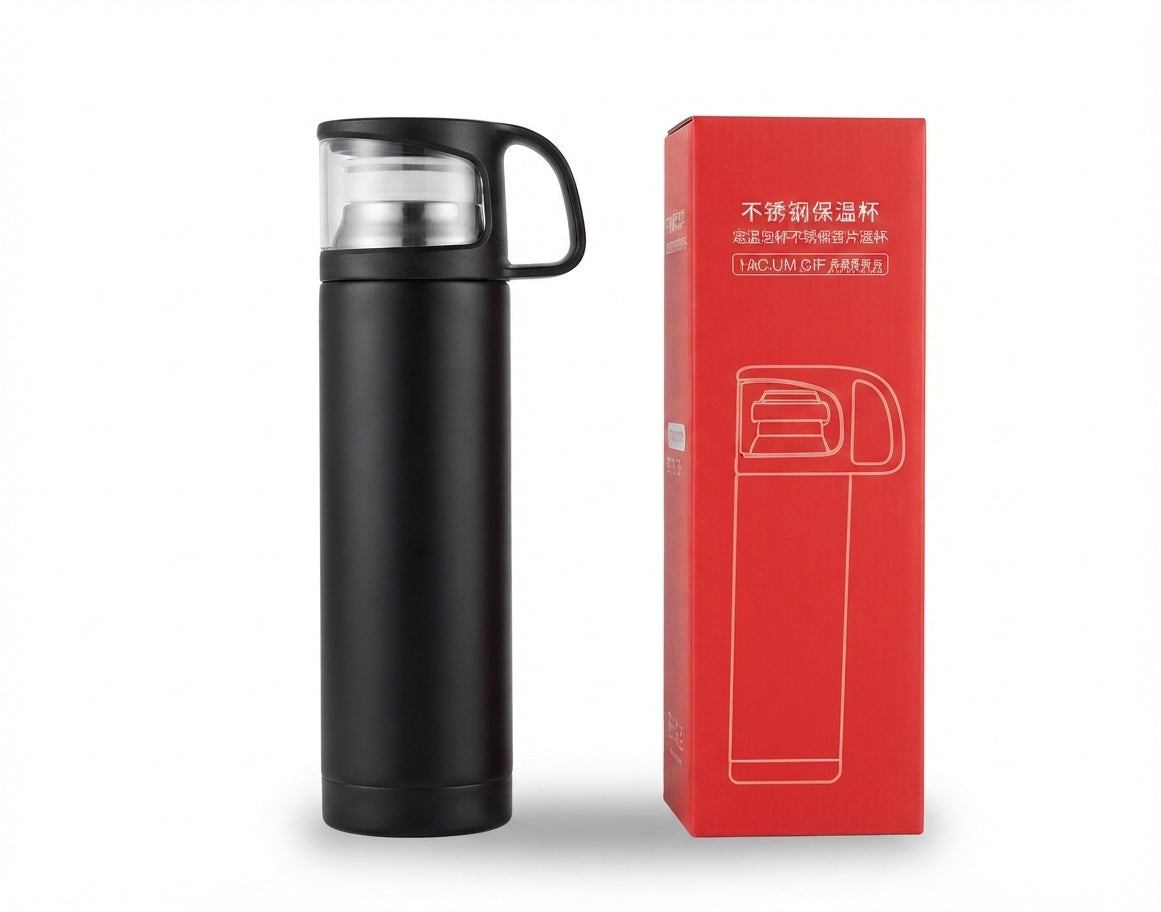 Vacuum Flask with Cup Lid and Gift Box - Black - Meru Trophy corporate gifting