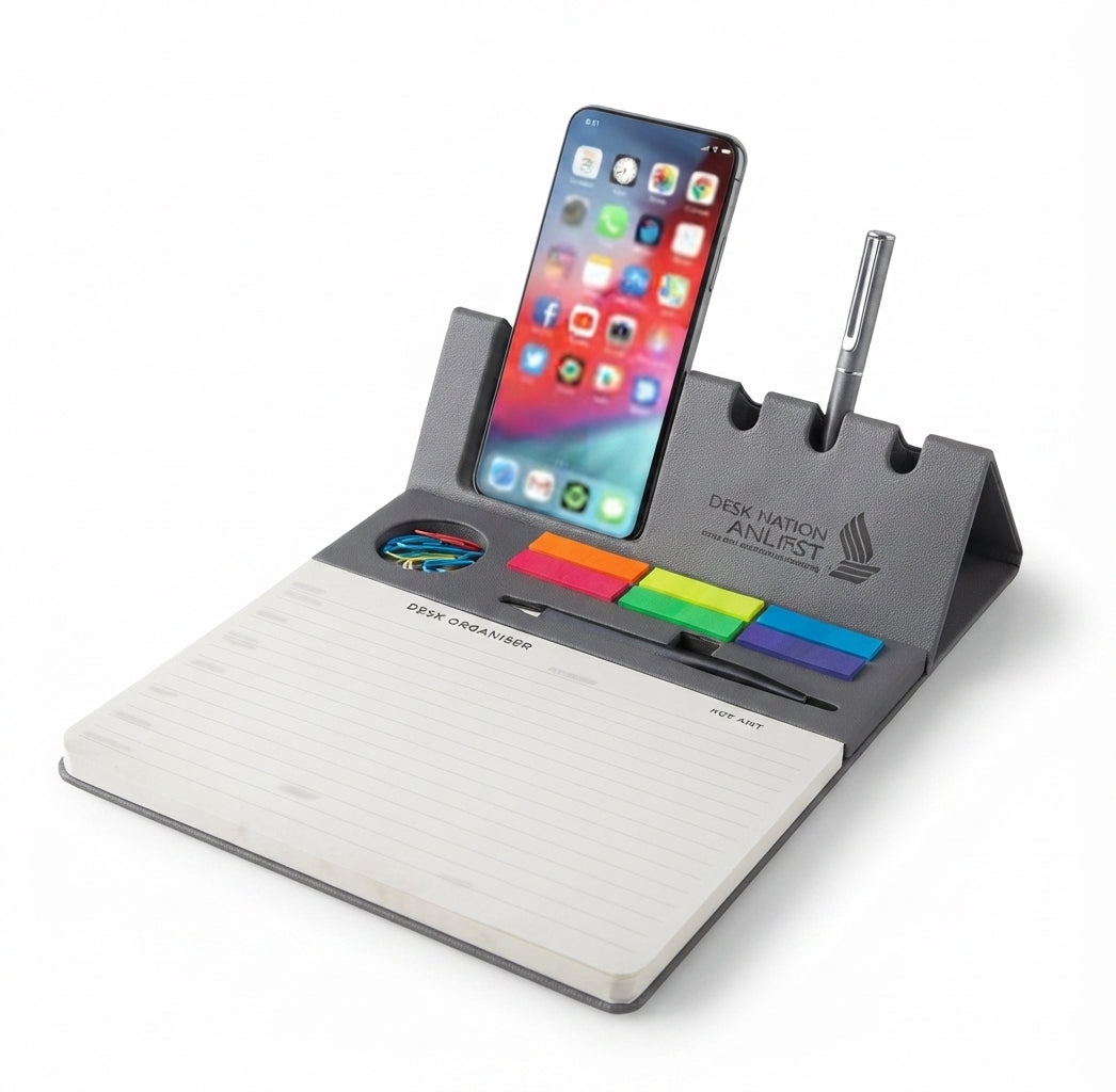 Desk Organiser Notepad with Phone Stand - Grey - Meru Trophy corporate gifting