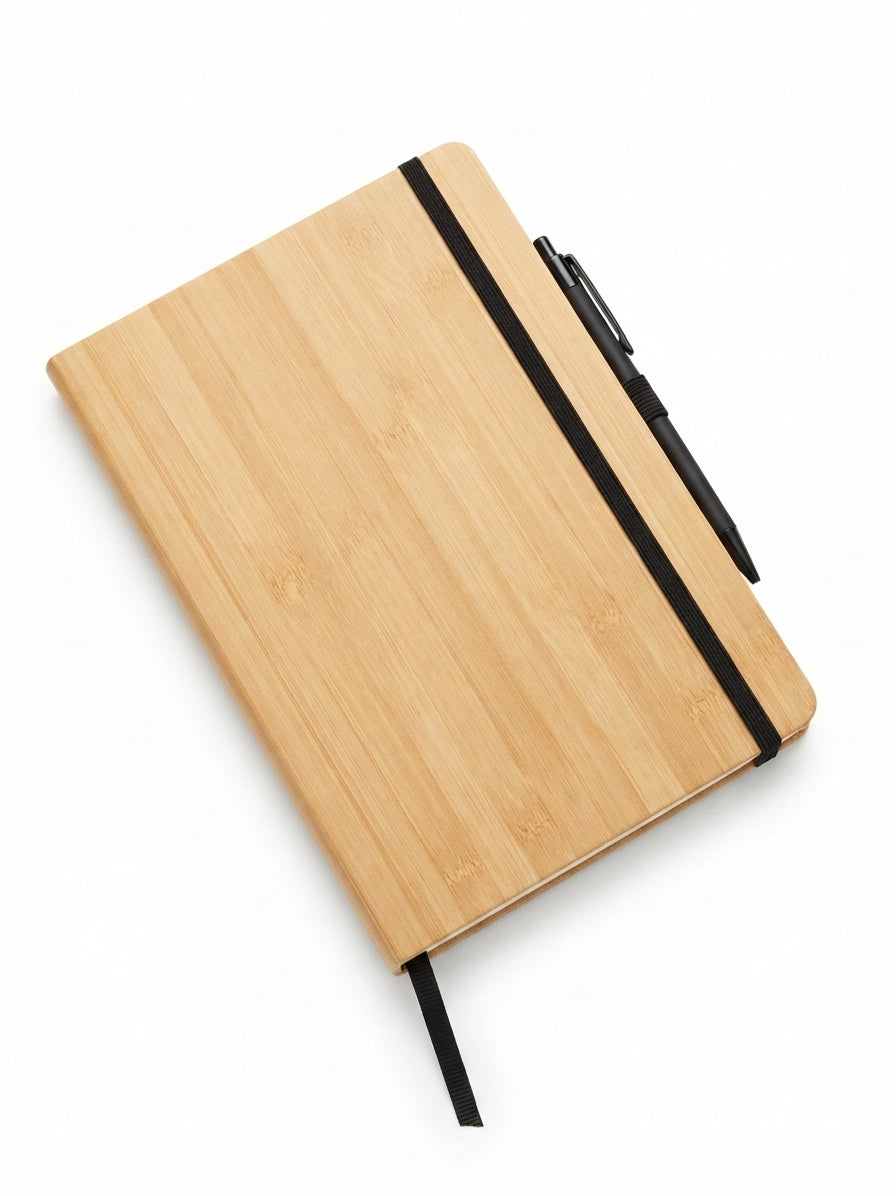 Bamboo and Cork Notebook with Elastic Band - Bamboo - Meru Trophy corporate gifting