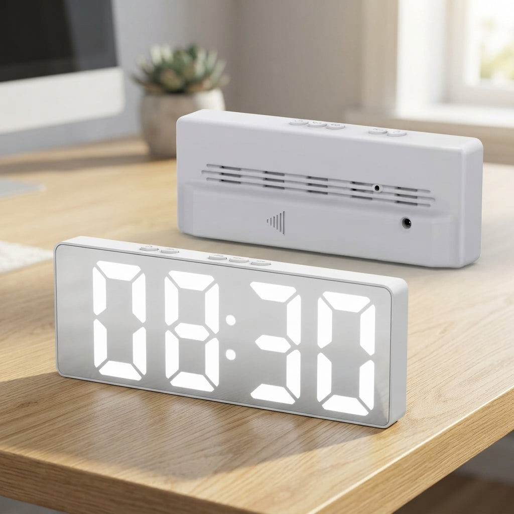 White Mirror LED Digital Clock - lifestyle desk shot - Meru Trophy corporate gifting