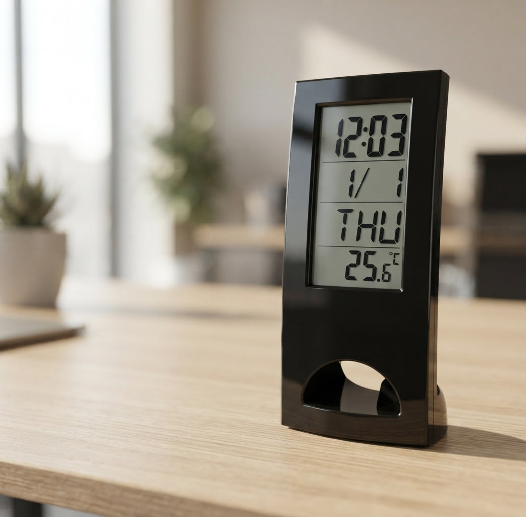 LCD Digital Clock with Calendar and Temperature - lifestyle desk shot - Meru Trophy corporate gifting