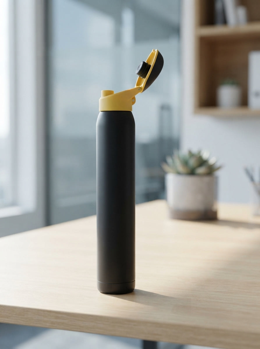 Bullet Flask with Cup Handle Lid - lifestyle desk shot - Meru Trophy corporate gifting