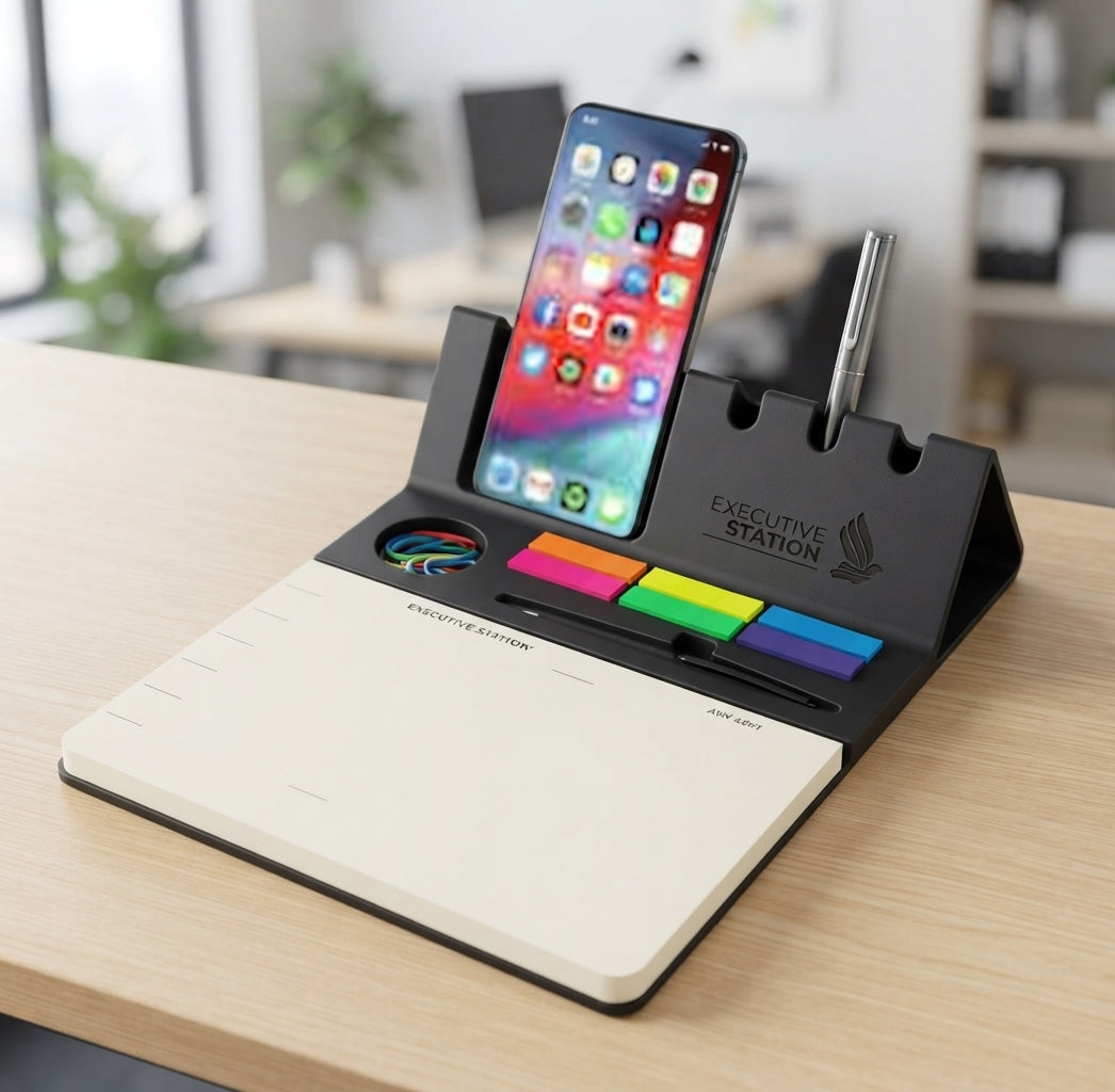 Desk Organiser Notepad with Phone Stand - lifestyle - Meru Trophy corporate gifting