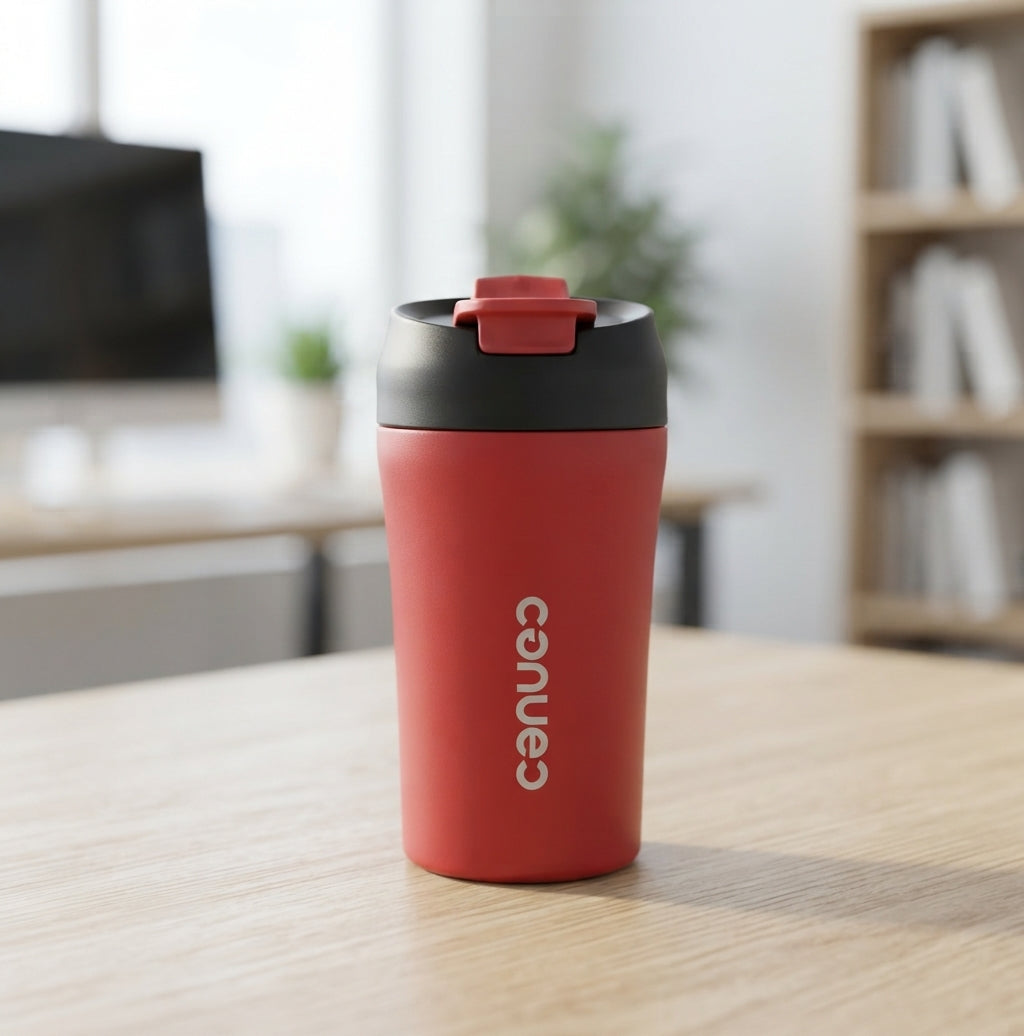 Compact Coffee Tumbler with Flip Lid - lifestyle desk shot - Meru Trophy corporate gifting
