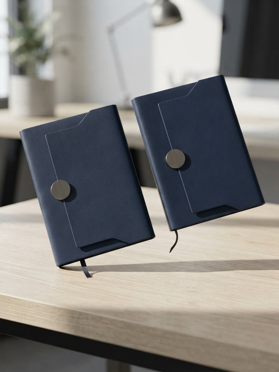 Hard Bound PU Diary with Snap Flap - lifestyle desk shot - Meru Trophy corporate gifting