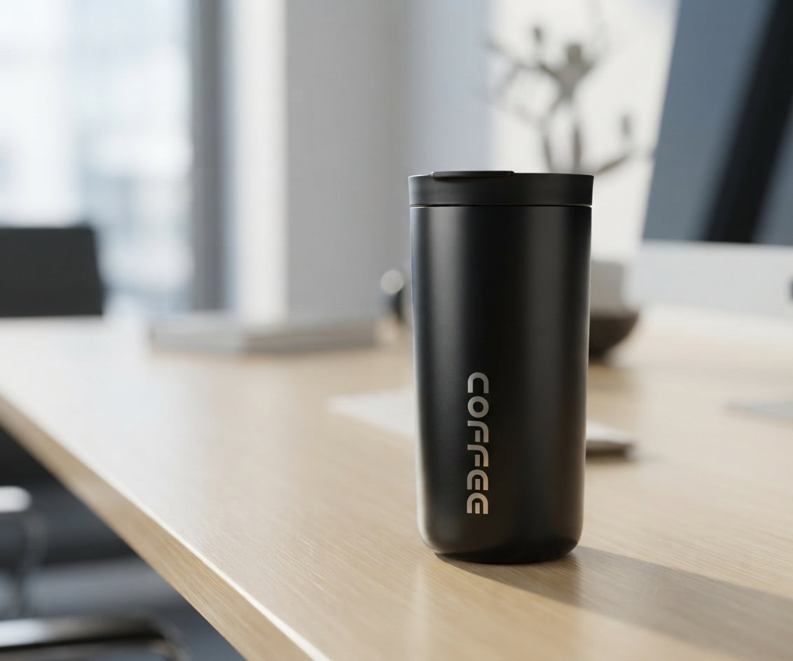 Coffee Travel Tumbler with Flip Lid - lifestyle desk shot - Meru Trophy corporate gifting