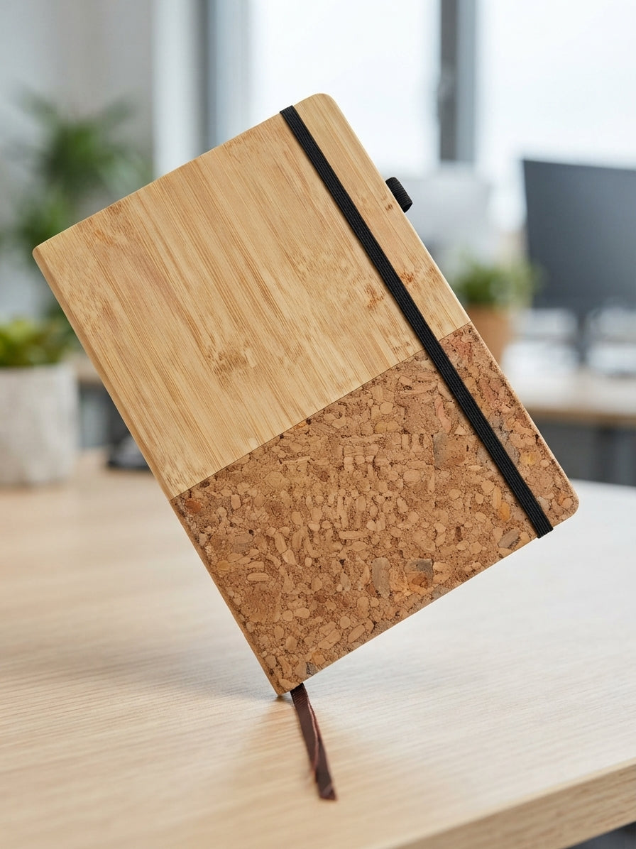 Bamboo and Cork Notebook with Elastic Band - lifestyle desk shot - Meru Trophy corporate gifting