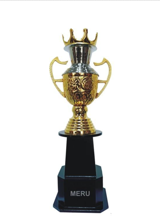 Gold metal trophy with floral detailing; ideal for sports awards and corporate recognition.