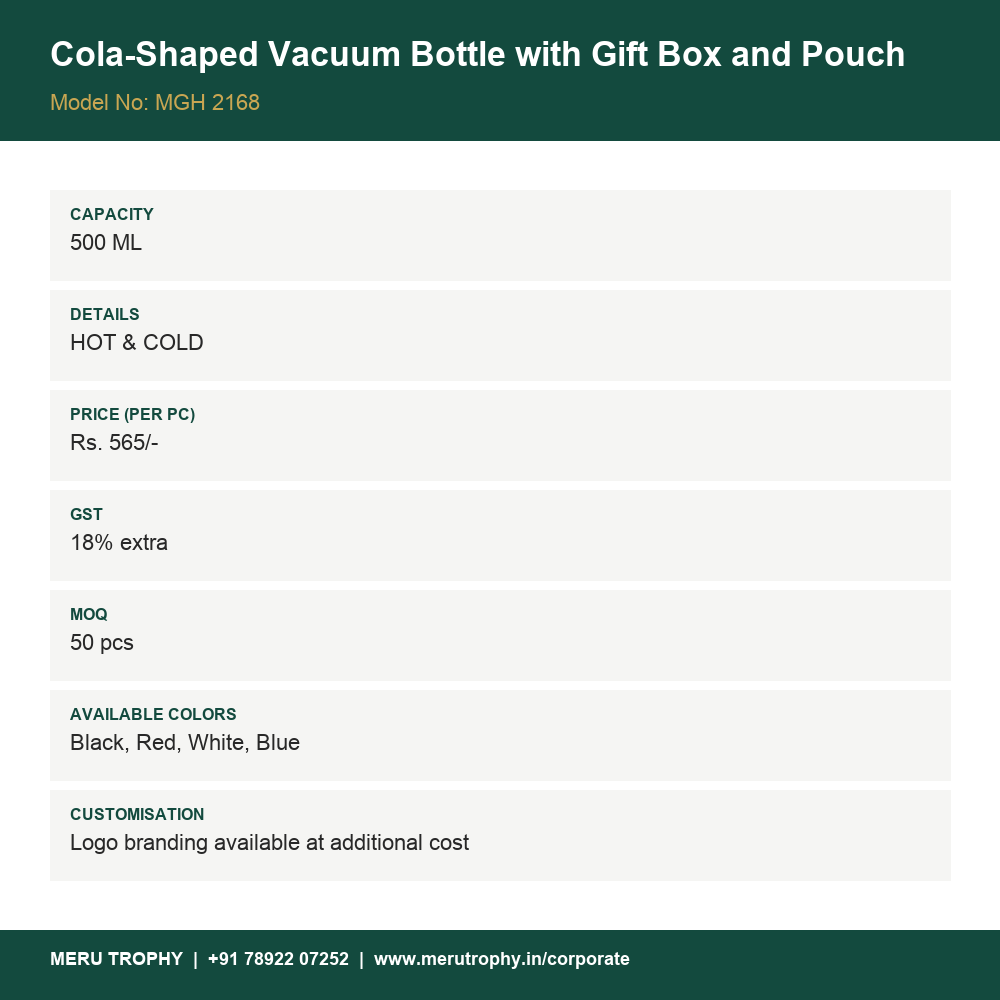 Cola-Shaped Vacuum Bottle with Gift Box and Pouch - product details card - Meru Trophy corporate gifting