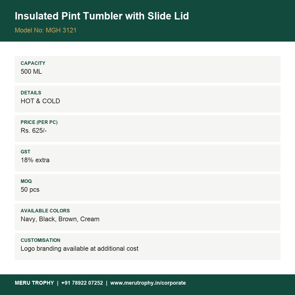 Insulated Pint Tumbler with Slide Lid - spec sheet - Meru Trophy corporate gifting