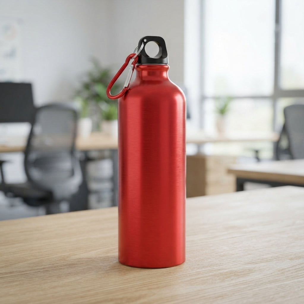 Aluminium Sports Bottle with Carabiner on office desk - Meru Trophy corporate gifting
