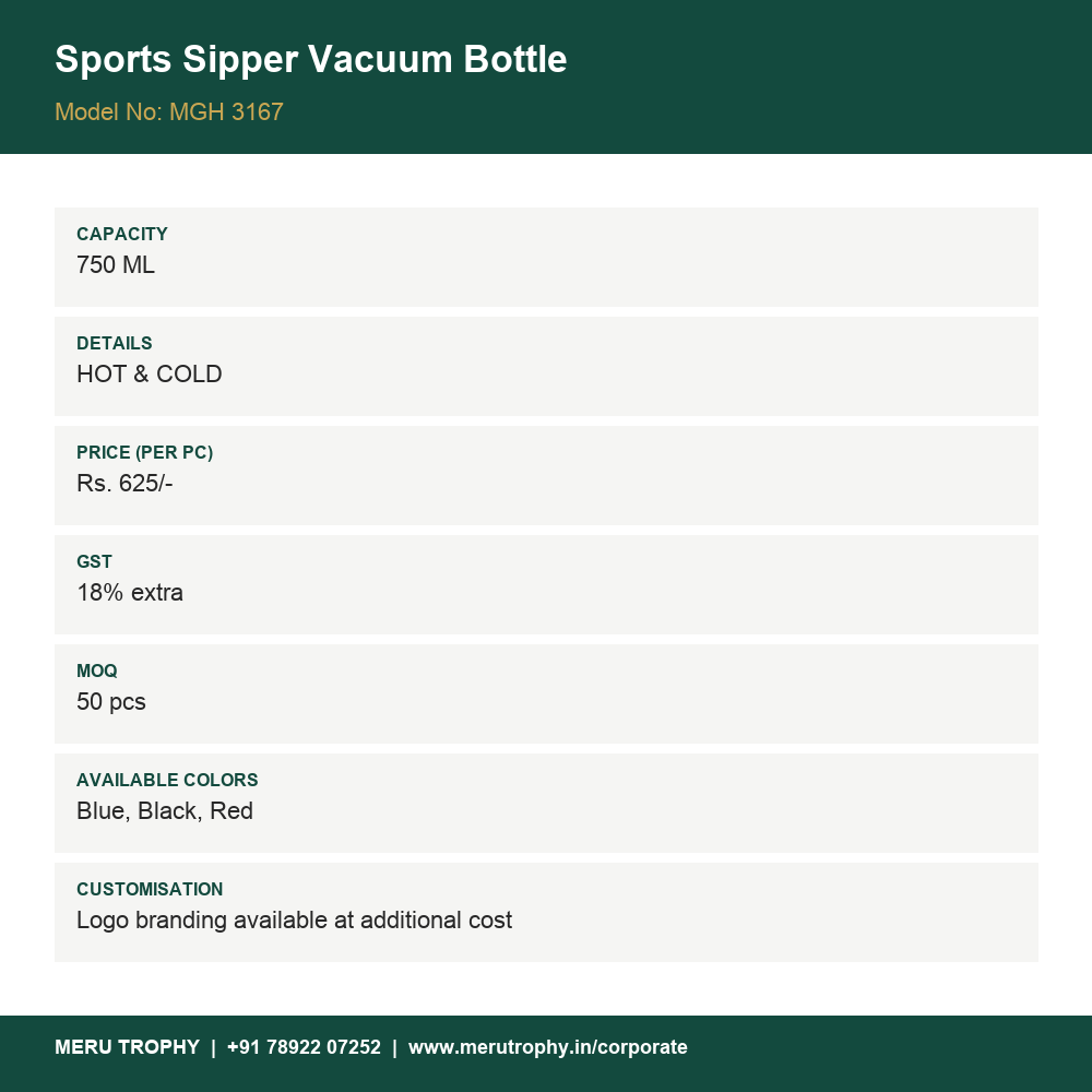Sports Sipper Vacuum Bottle - spec sheet - Meru Trophy corporate gifting