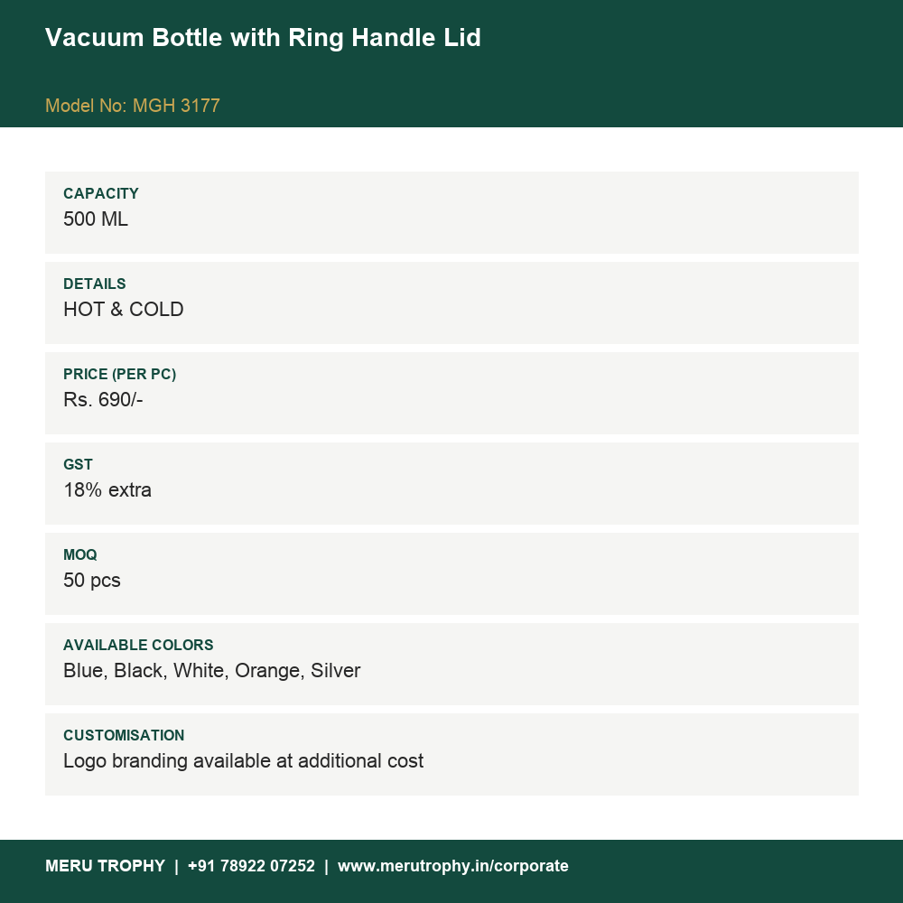 Vacuum Bottle with Ring Handle Lid - spec card - Meru Trophy corporate gifting