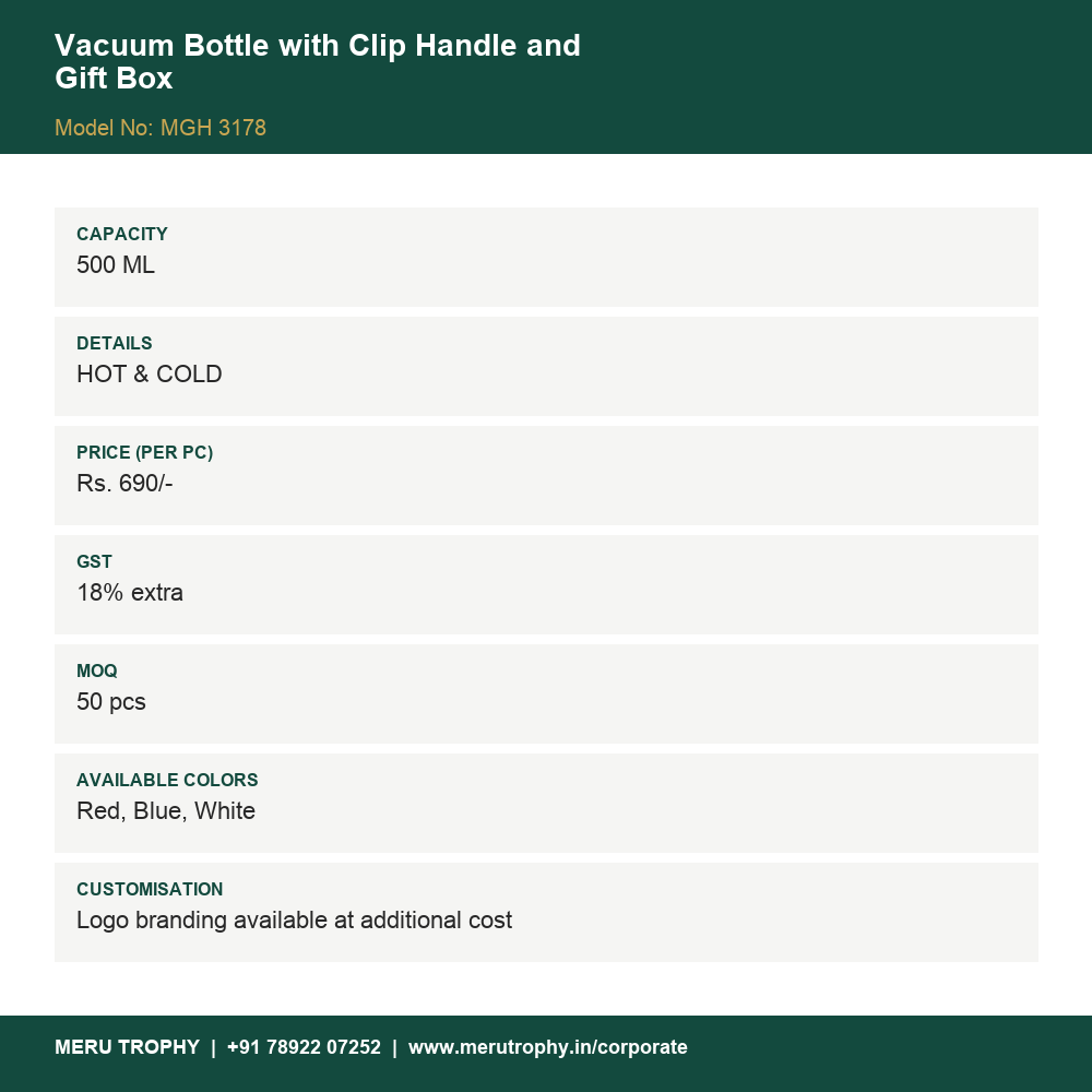 Vacuum Bottle with Clip Handle and Gift Box - spec card - Meru Trophy corporate gifting