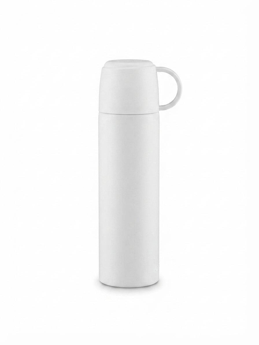 Vacuum Flask with Cup Handle Lid - White - Meru Trophy corporate gifting