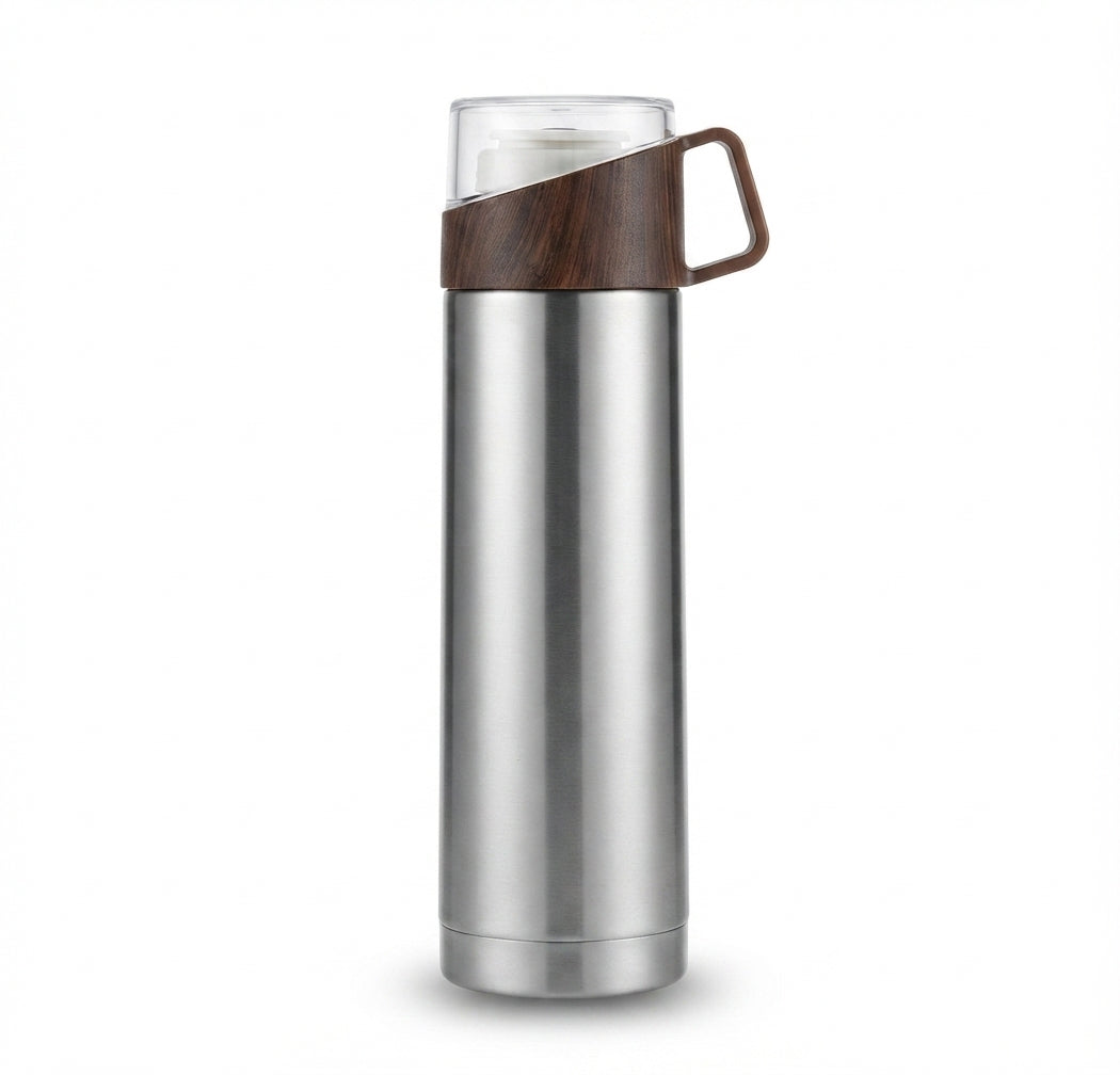 Vacuum Flask with Leather Strap Cup Lid - Silver - Meru Trophy corporate gifting