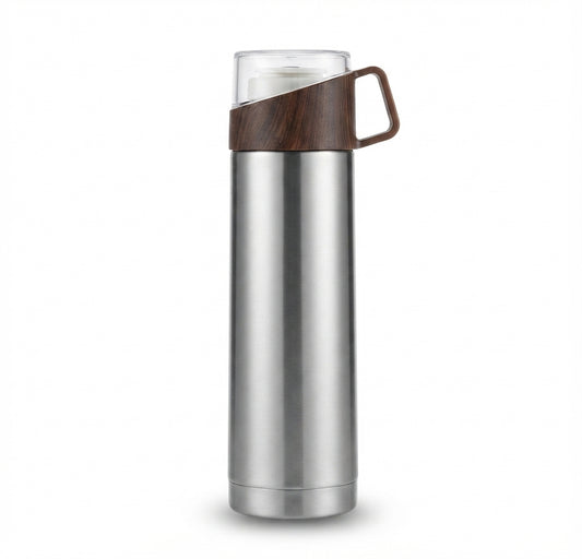 Vacuum Flask with Leather Strap Cup Lid - Silver - Meru Trophy corporate gifting