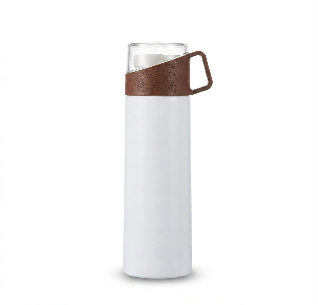 Vacuum Flask with Leather Strap Cup Lid - White - Meru Trophy corporate gifting
