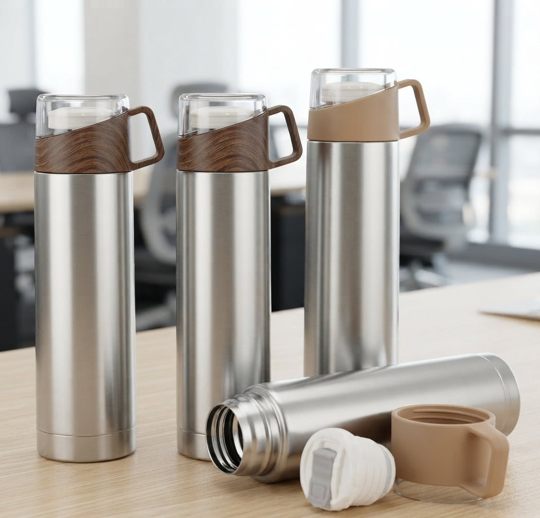 Vacuum Flask with Leather Strap Cup Lid - lifestyle - Meru Trophy corporate gifting