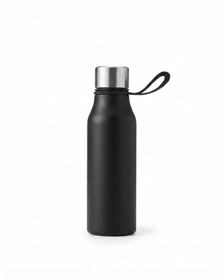 Matte Bottle with Strap Lid - Black - Meru Trophy corporate gifting