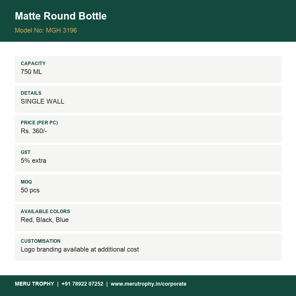Matte Round Bottle - spec card - Meru Trophy corporate gifting