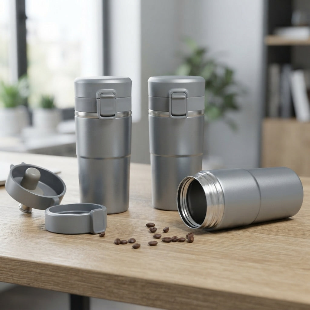 Coffee Tumbler with Flip Lid - lifestyle desk shot - Meru Trophy corporate gifting
