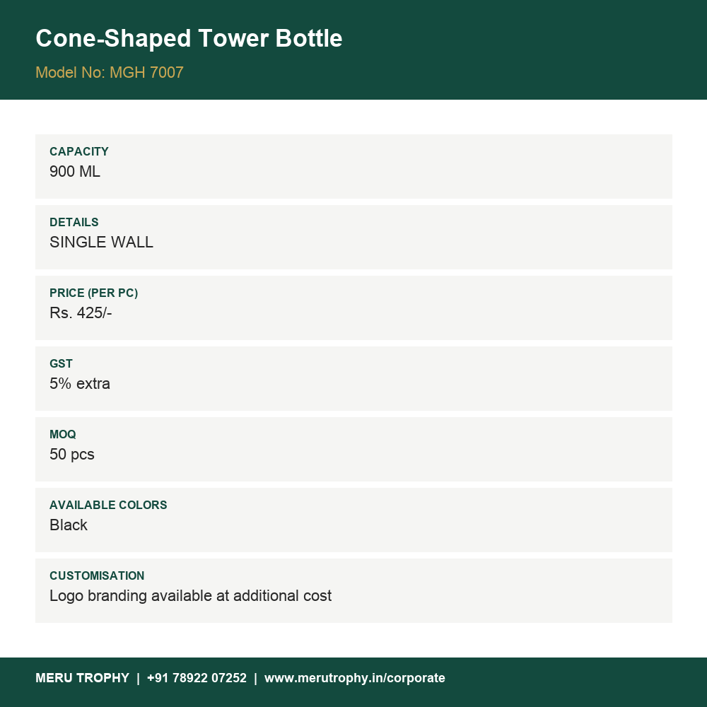 Cone-Shaped Tower Bottle - spec card - Meru Trophy corporate gifting