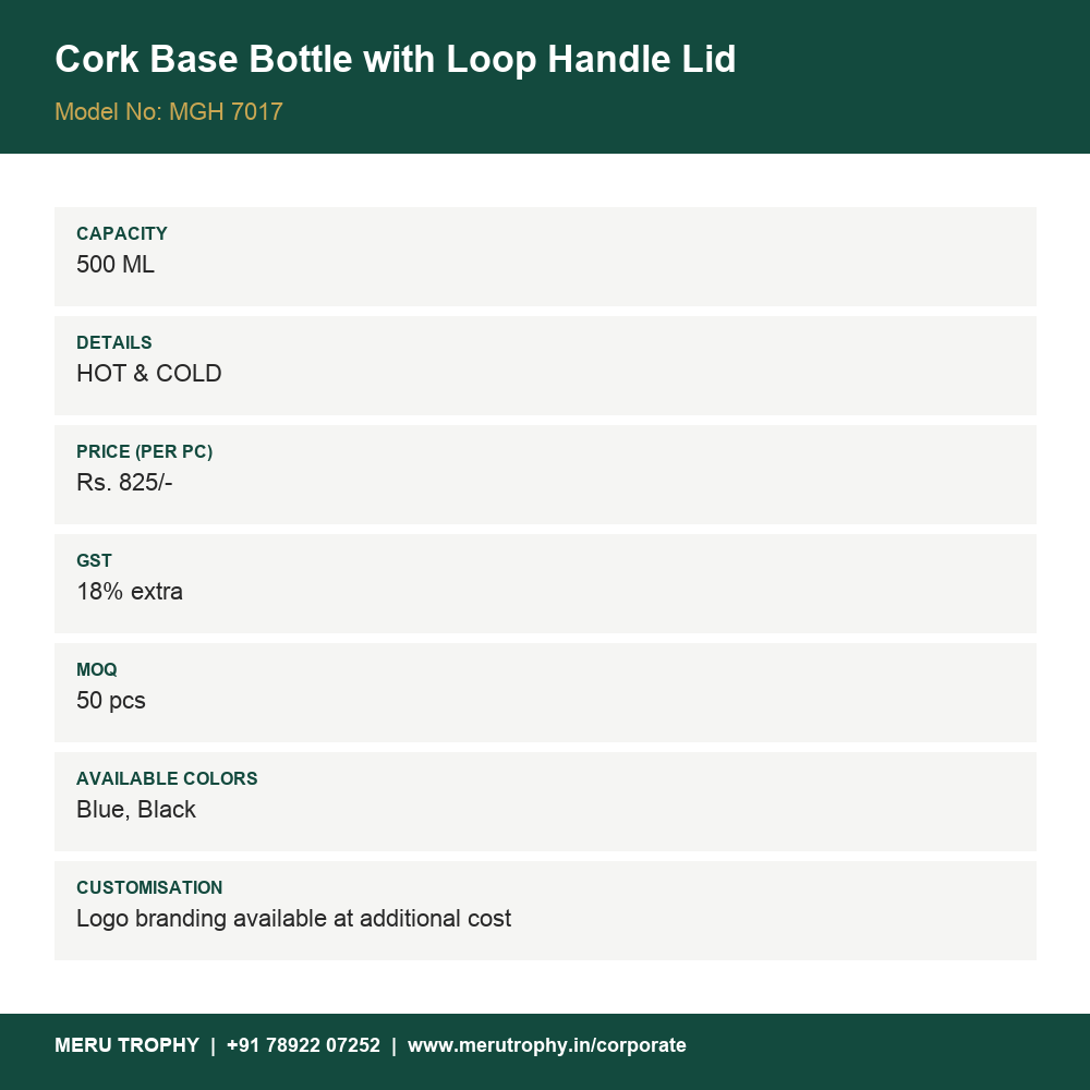 Cork Base Bottle with Loop Handle Lid - specification card - Meru Trophy corporate gifting