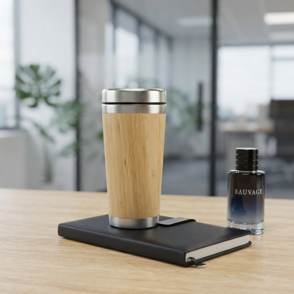 Bamboo Travel Tumbler with Steel Rim - lifestyle - Meru Trophy corporate gifting