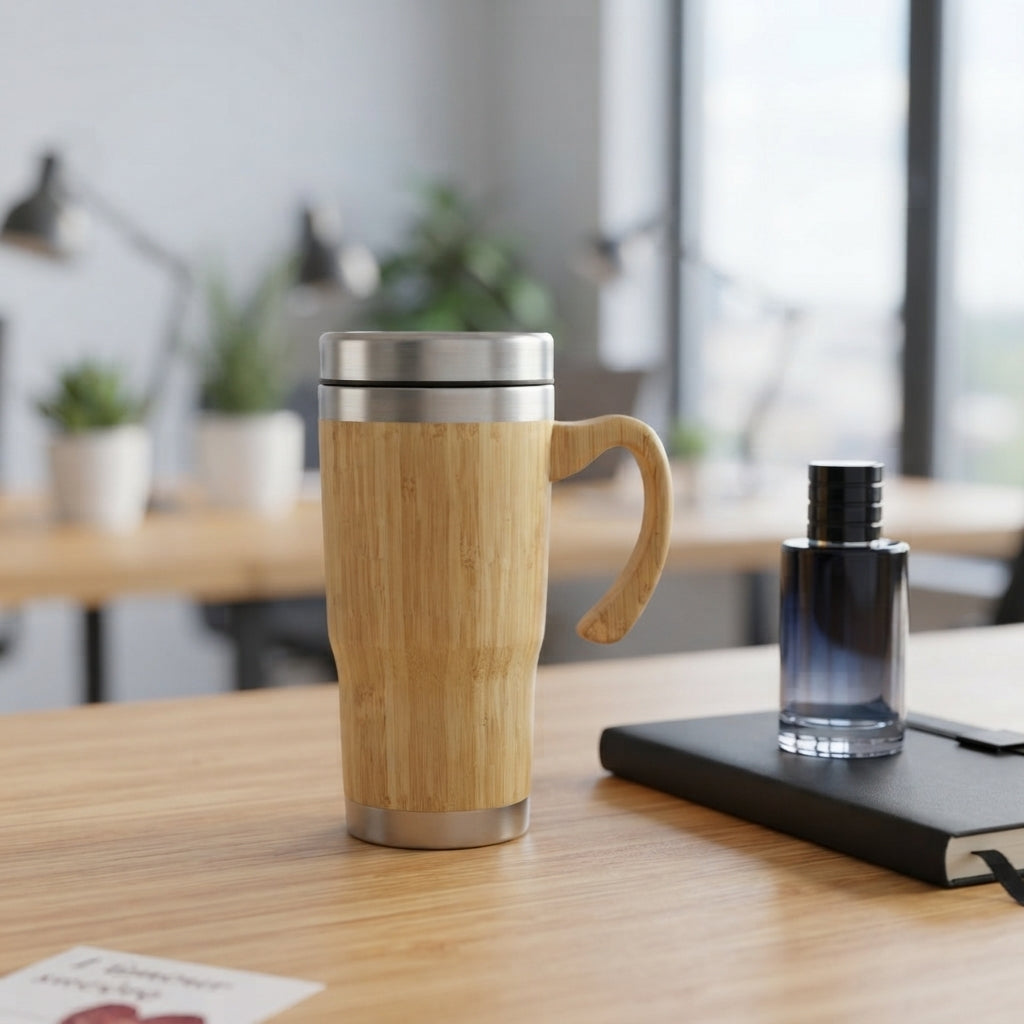 Bamboo Travel Mug with Wooden Handle - lifestyle - Meru Trophy corporate gifting