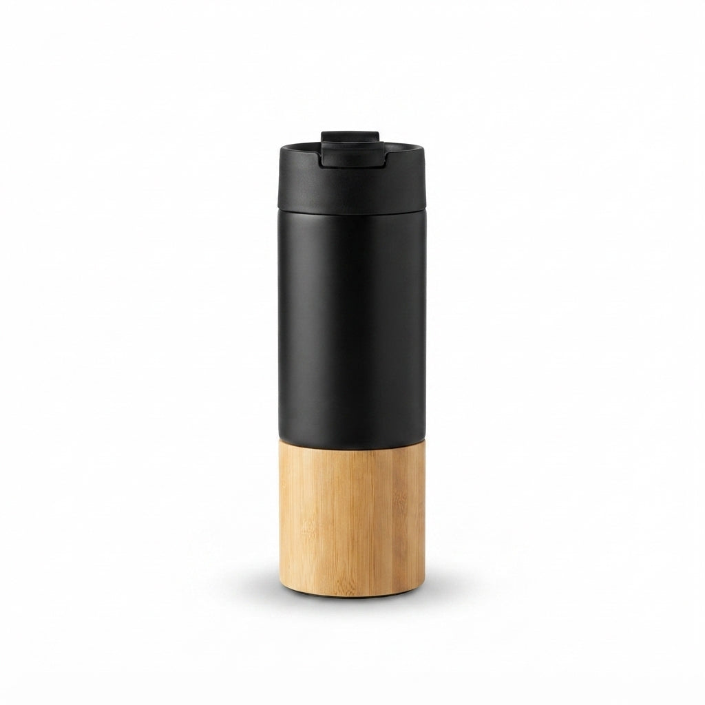 Bamboo Base Flip-Lid Travel Tumbler - Black - Meru Trophy corporate gifting