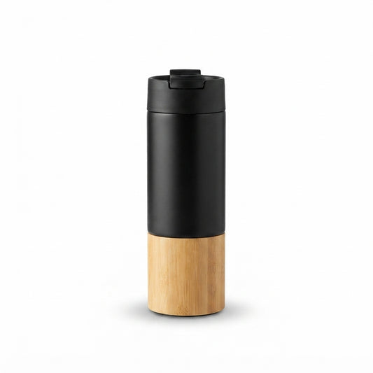 Bamboo Base Flip-Lid Travel Tumbler - Black - Meru Trophy corporate gifting