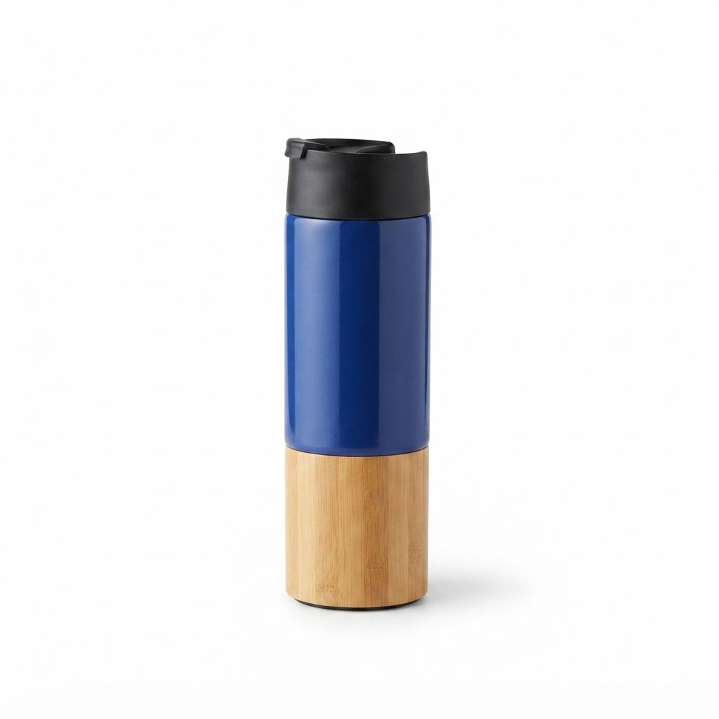 Bamboo Base Flip-Lid Travel Tumbler - Blue - Meru Trophy corporate gifting