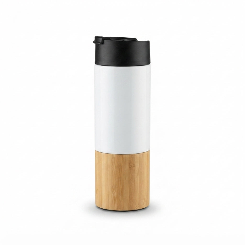 Bamboo Base Flip-Lid Travel Tumbler - White - Meru Trophy corporate gifting