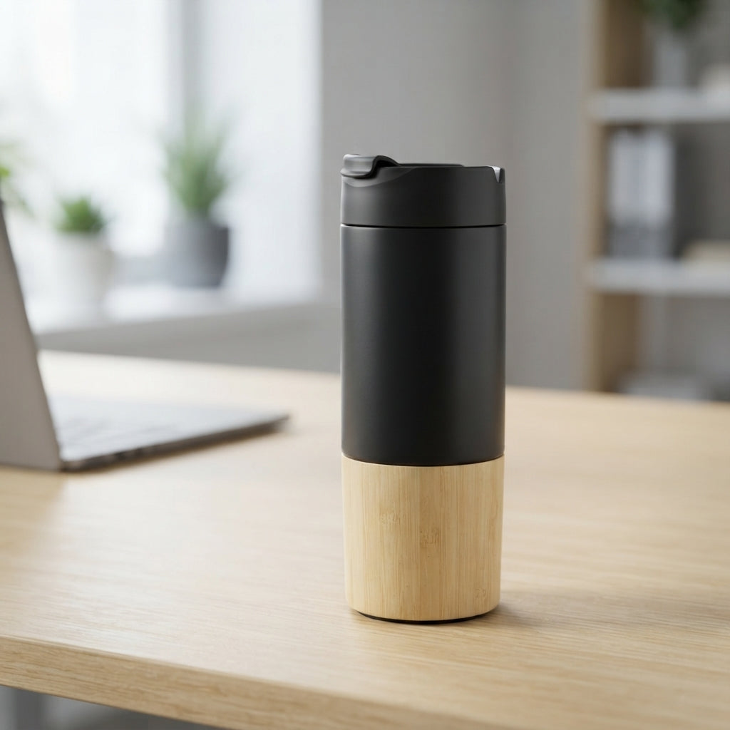 Bamboo Base Flip-Lid Travel Tumbler - lifestyle - Meru Trophy corporate gifting