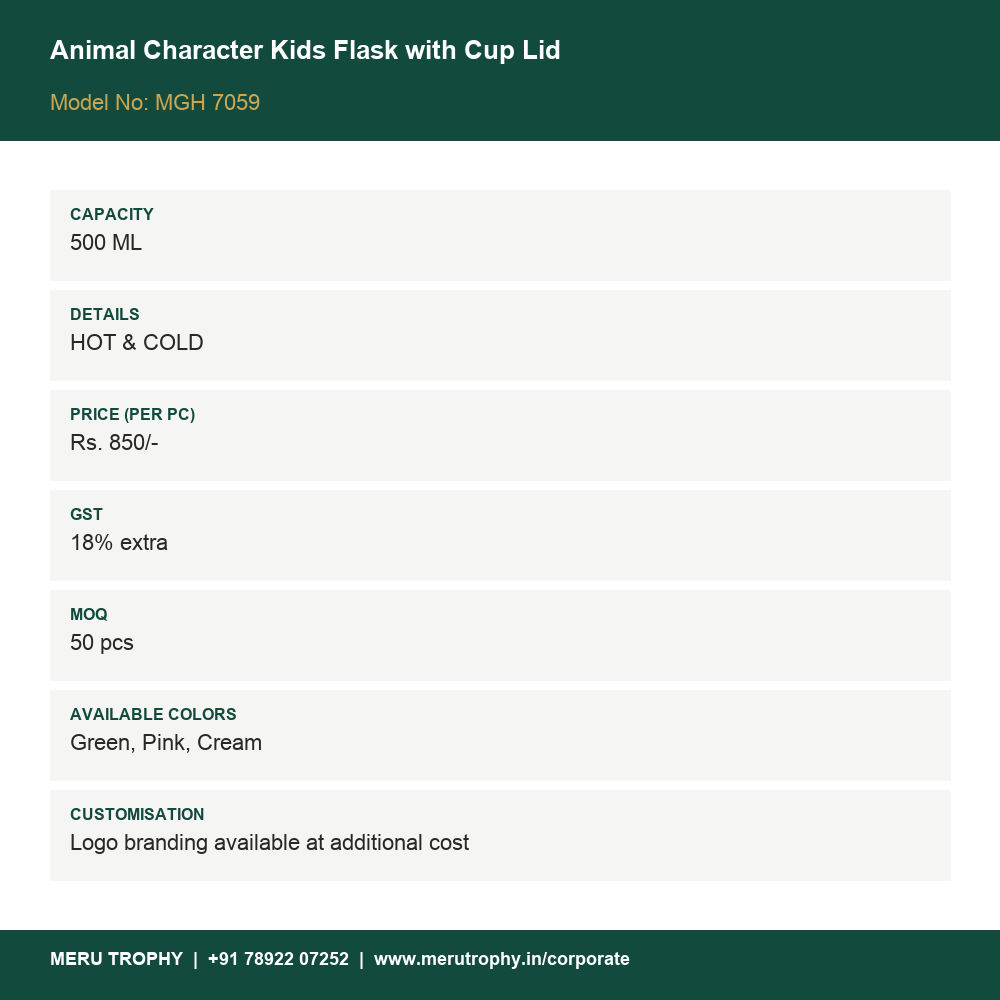 Animal Character Kids Flask with Cup Lid - product details card - Meru Trophy corporate gifting