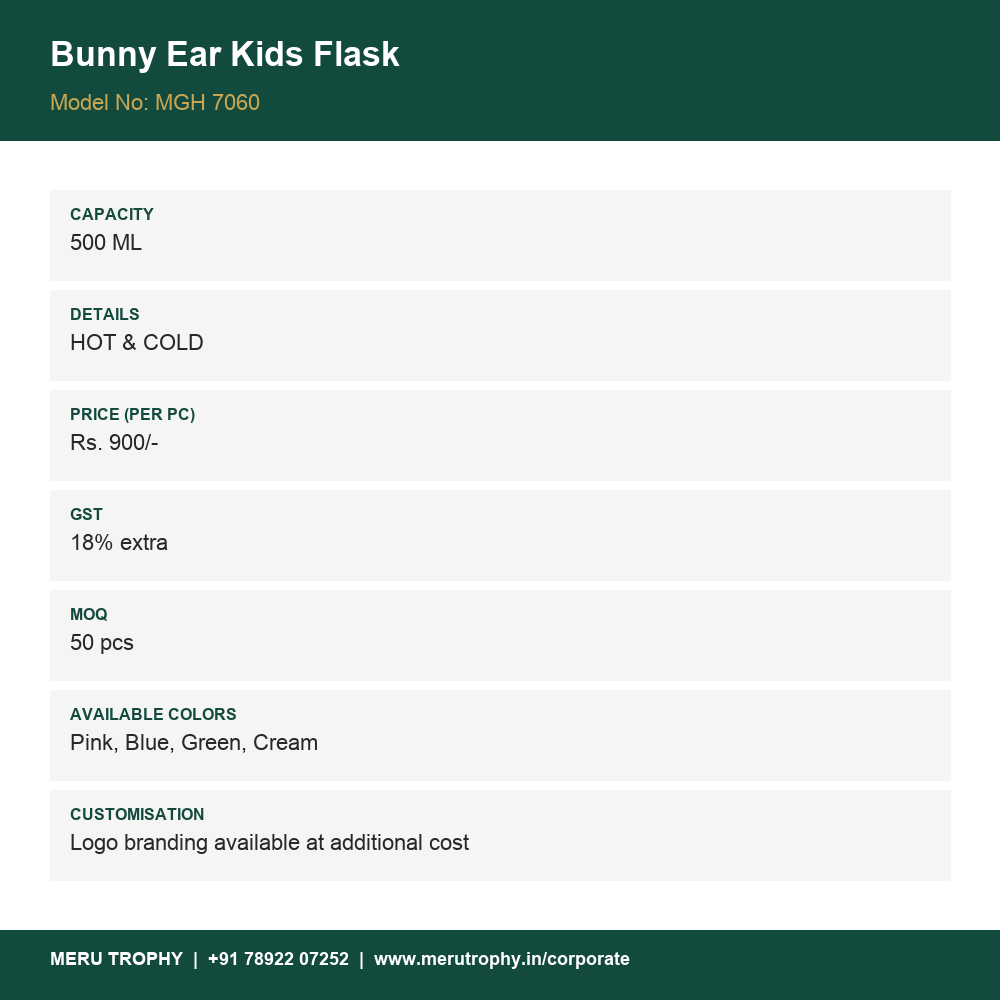 Bunny Ear Kids Flask - product details card - Meru Trophy corporate gifting