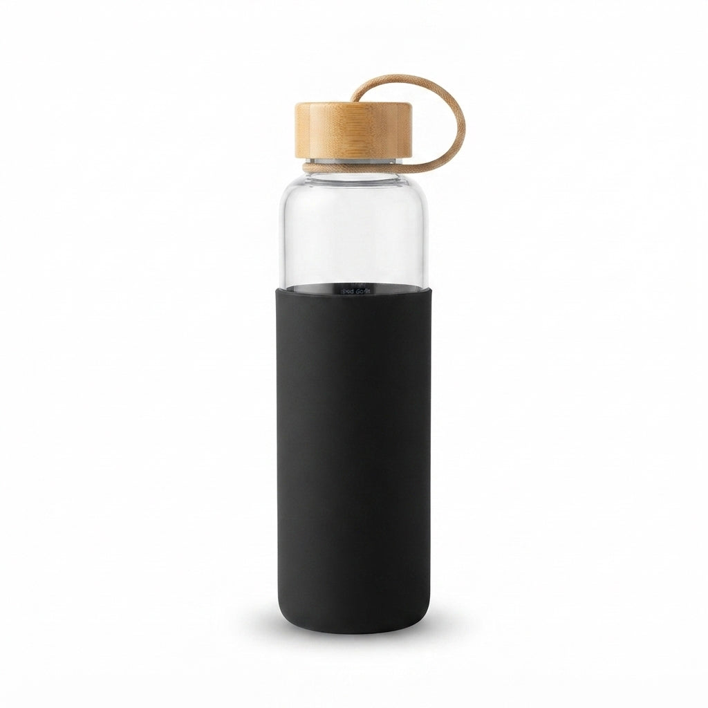 Glass Bottle with Silicone Sleeve and Bamboo Lid - Black - Meru Trophy corporate gifting